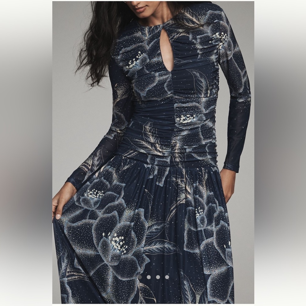 Farm Rio X Anthropologie Keyhole Blue Navy Long Sleeve Maxi Dress XS